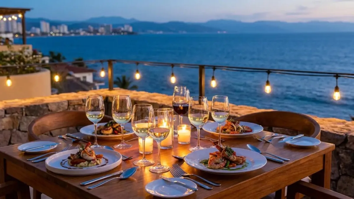 Mesa de cena privada montada en una terraza con vista a la Bahía de Banderas y luces cálidas
