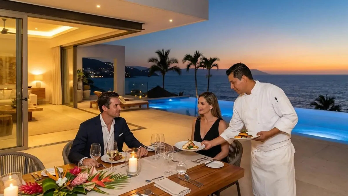 Chef privado sirviendo un platillo a una pareja en la terraza de una casa de Puerto Vallarta al atardecer