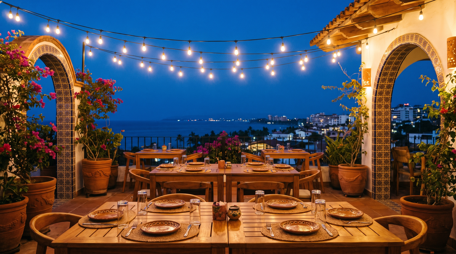 Terraza de restaurante con vista al Centro de Puerto Vallarta y la bahía